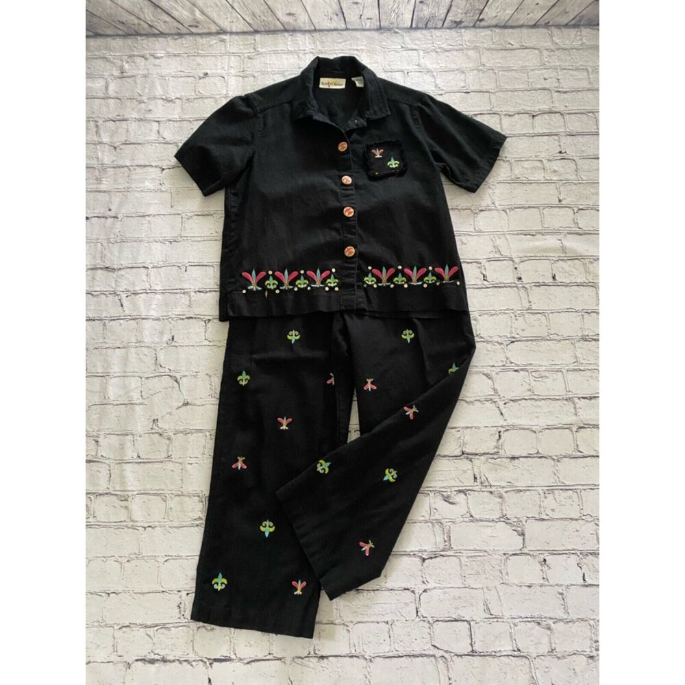 Vintage‎ SunBay Sport Embroidered Black Linen Blend Capri Pant Set Short Sleeve